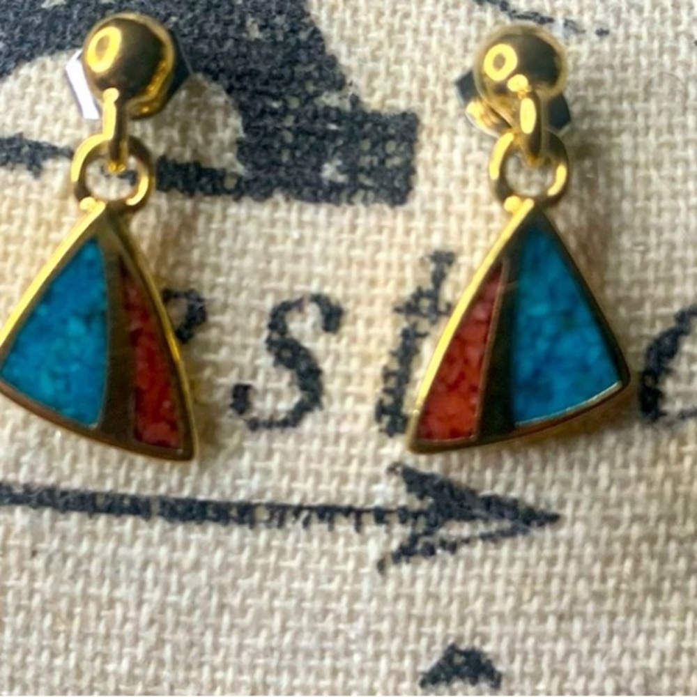 Gold Triangle Earrings with Turquoise and Red Accents
